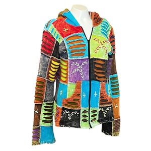 KPC Patchwork Hoodie Zip Up Jacket Boho Festival Colorful Multi Color